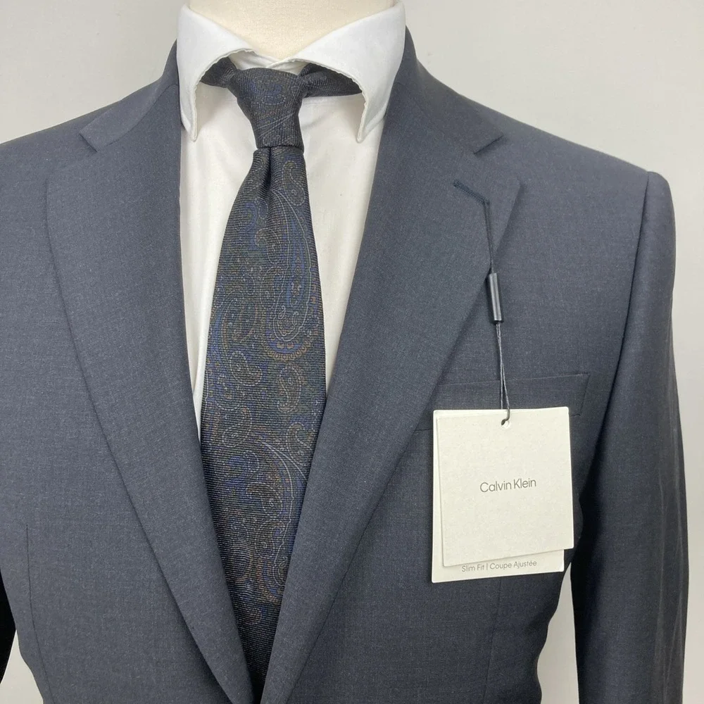 Calvin Klein Mens‎ Slim fit Suit Jacket Blazer 40 S Charcoal Solid Stretch